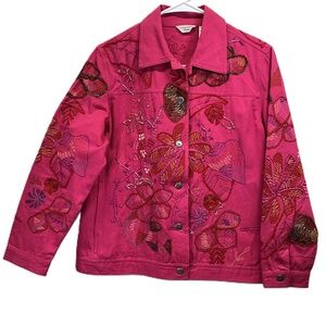 Laura Ashley Pink Cotton‎ Embroidered Romantic Floral Artsy Button Up Jacket PM